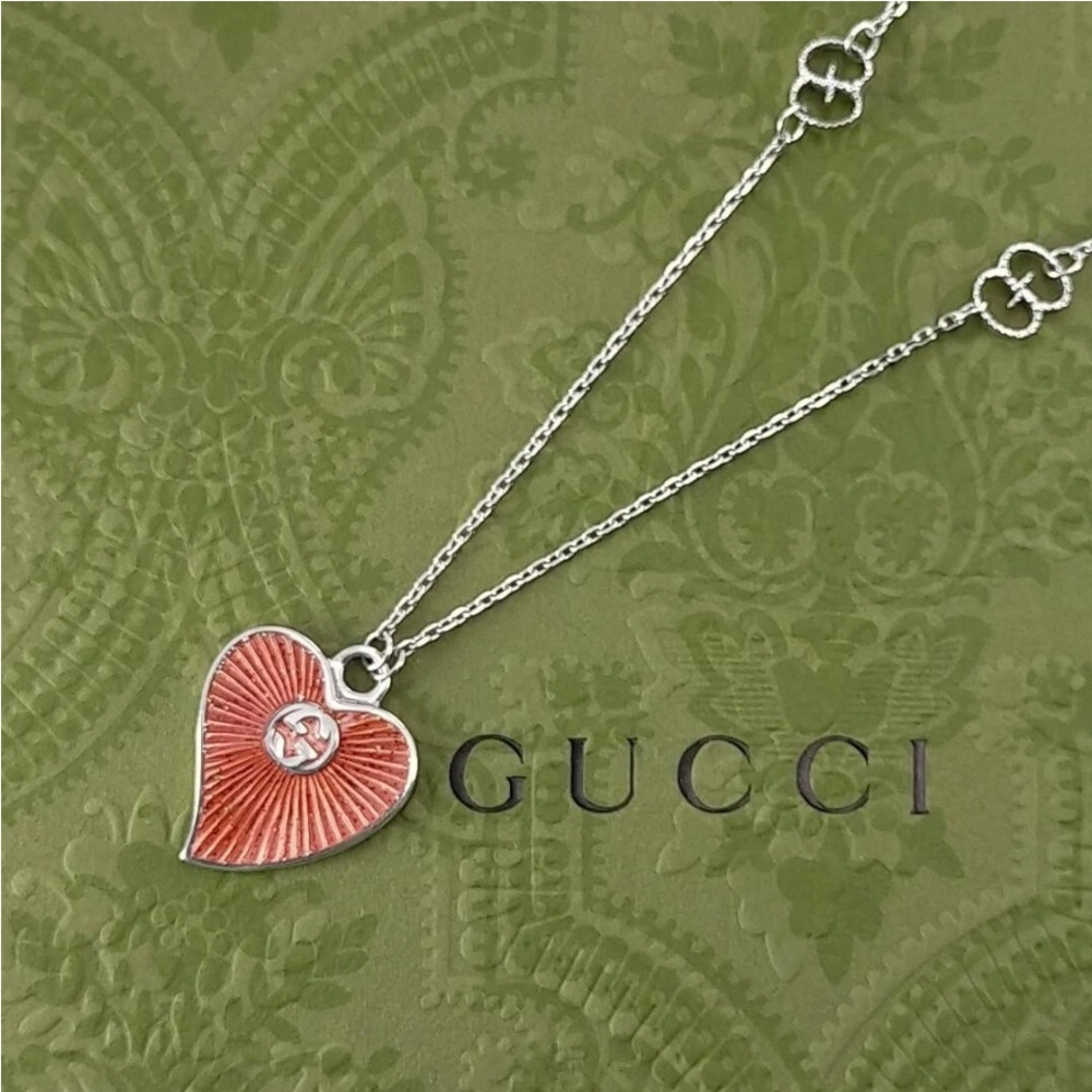 NEW Full Set Gucci Red Heart Pendant Necklace Women 925 Silver GG Logo NIB